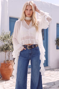 RUFFLED BLOUSE WITH MOCK NECK AND LONG ASYMMETRICAL SIDES W1566TIA