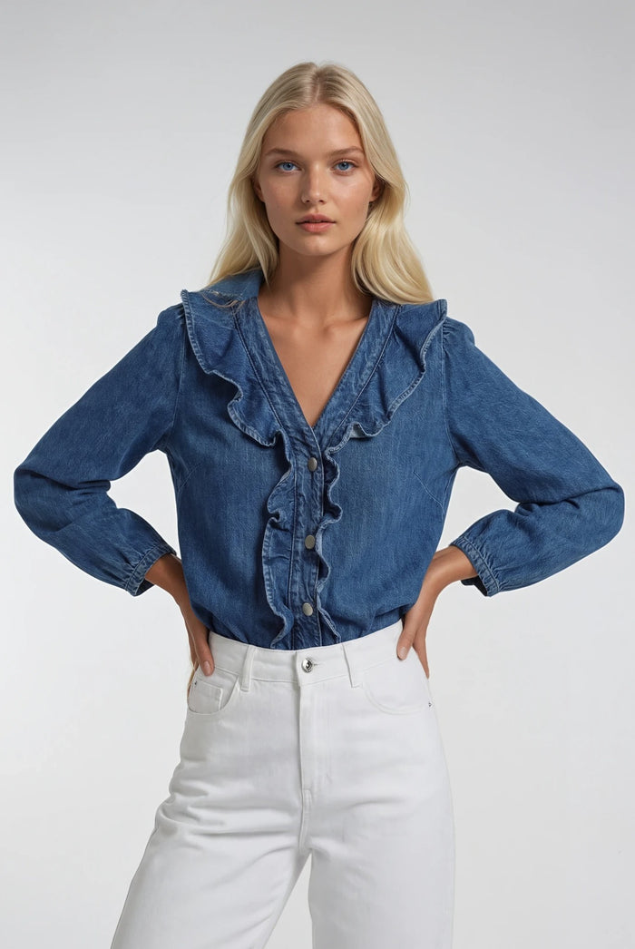 RUFFLED 3/4 SLEEVE BUTTON DOWN DENIM BLOUSE W1568TIA