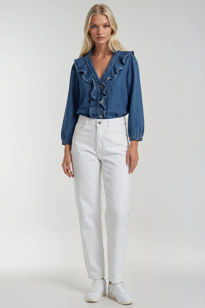 RUFFLED 3/4 SLEEVE BUTTON DOWN DENIM BLOUSE W1568TIA