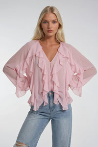 SHEER RUFFLED DETAIL BUTTON DOWN BLOUSE W1574TIA