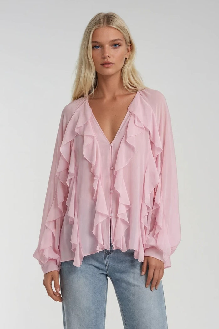 SHEER RUFFLED DETAIL BUTTON DOWN BLOUSE W1574TIA
