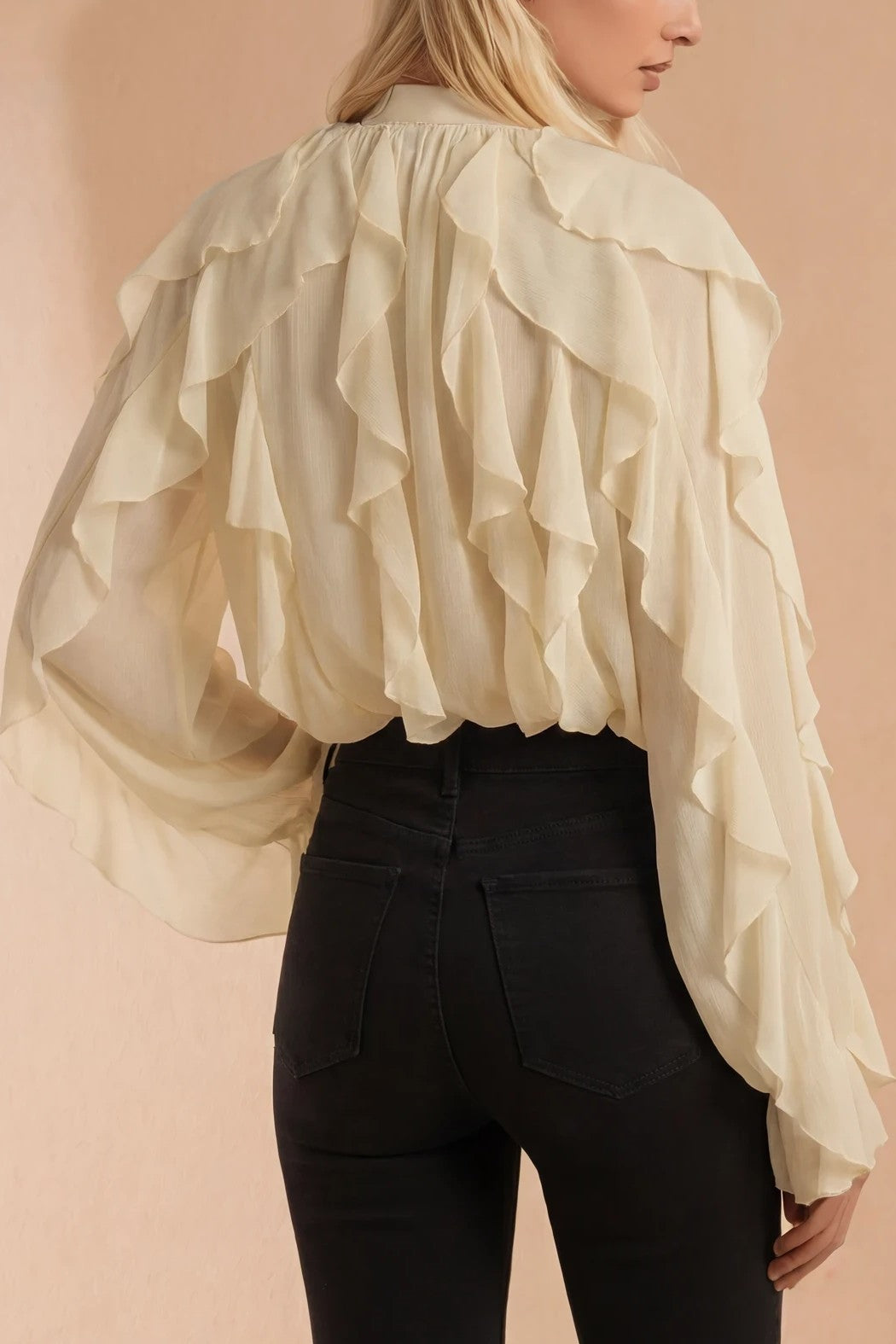 SHEER RUFFLED DETAIL BUTTON DOWN BLOUSE W1574TIA