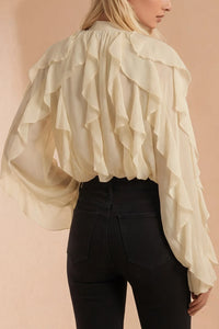 SHEER RUFFLED DETAIL BUTTON DOWN BLOUSE W1574TIA