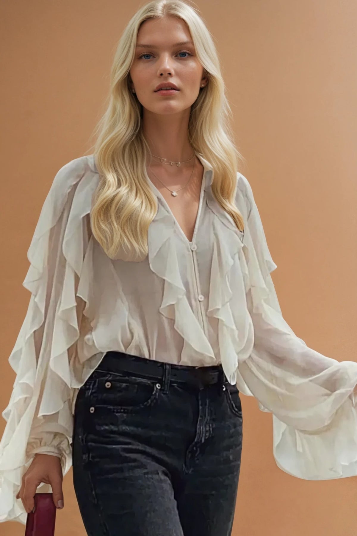 SHEER RUFFLED DETAIL BUTTON DOWN BLOUSE W1574TIA