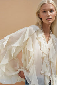 SHEER RUFFLED DETAIL BUTTON DOWN BLOUSE W1574TIA