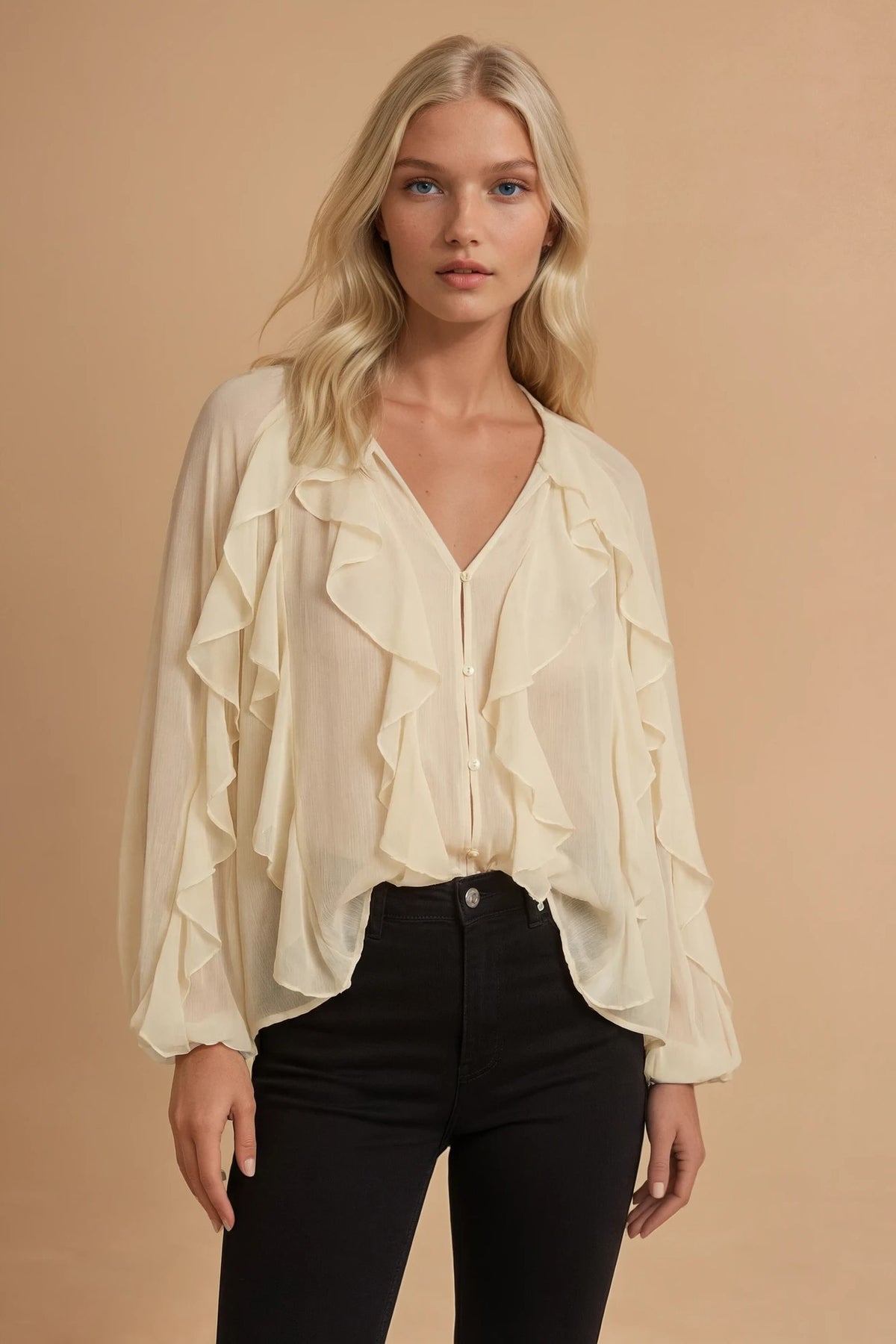 SHEER RUFFLED DETAIL BUTTON DOWN BLOUSE W1574TIA