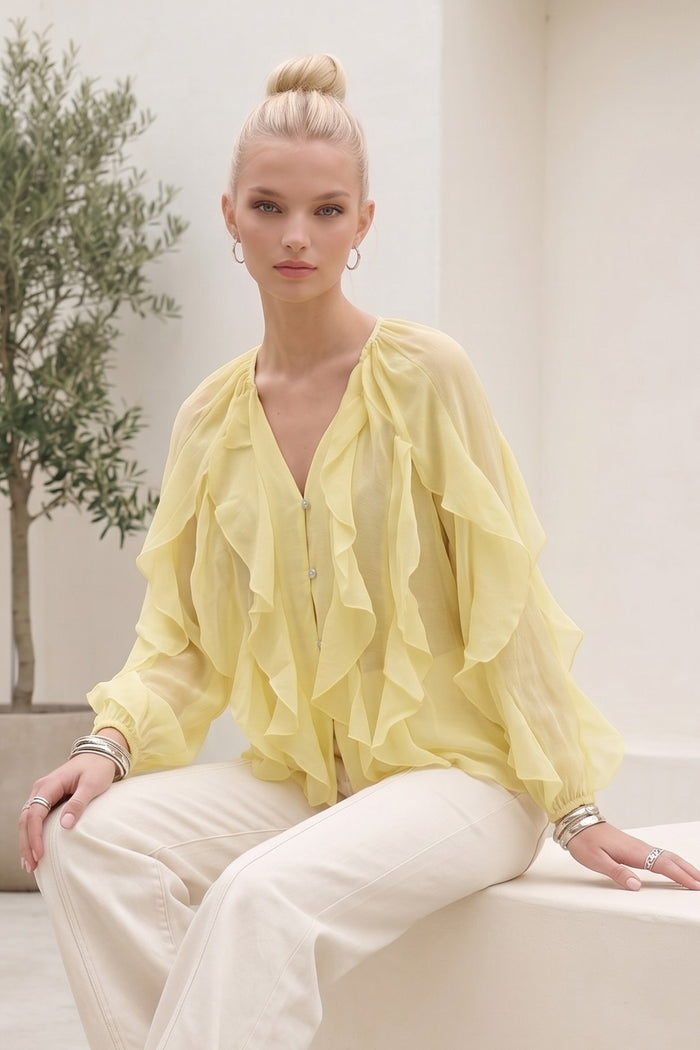 SHEER RUFFLED DETAIL BUTTON DOWN BLOUSE W1574TIA