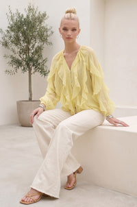 SHEER RUFFLED DETAIL BUTTON DOWN BLOUSE W1574TIA