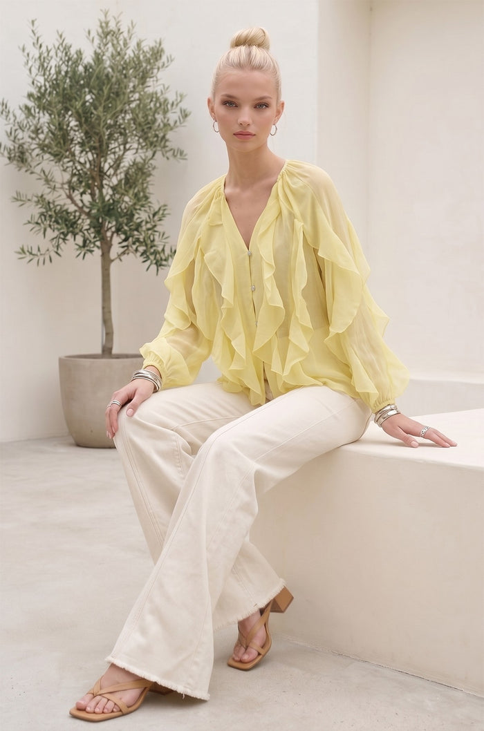 SHEER RUFFLED DETAIL BUTTON DOWN BLOUSE W1574TIA