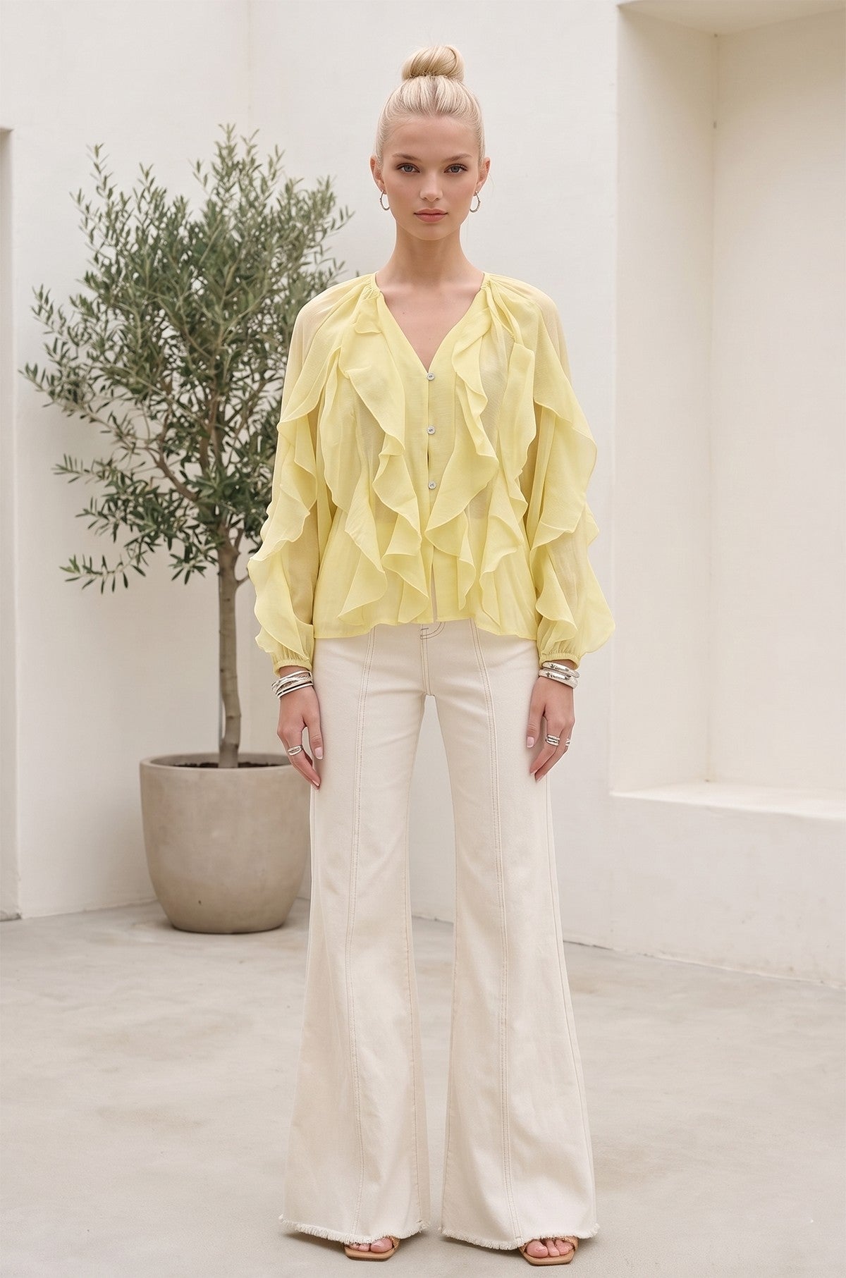 SHEER RUFFLED DETAIL BUTTON DOWN BLOUSE W1574TIA