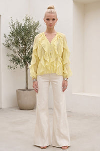 SHEER RUFFLED DETAIL BUTTON DOWN BLOUSE W1574TIA