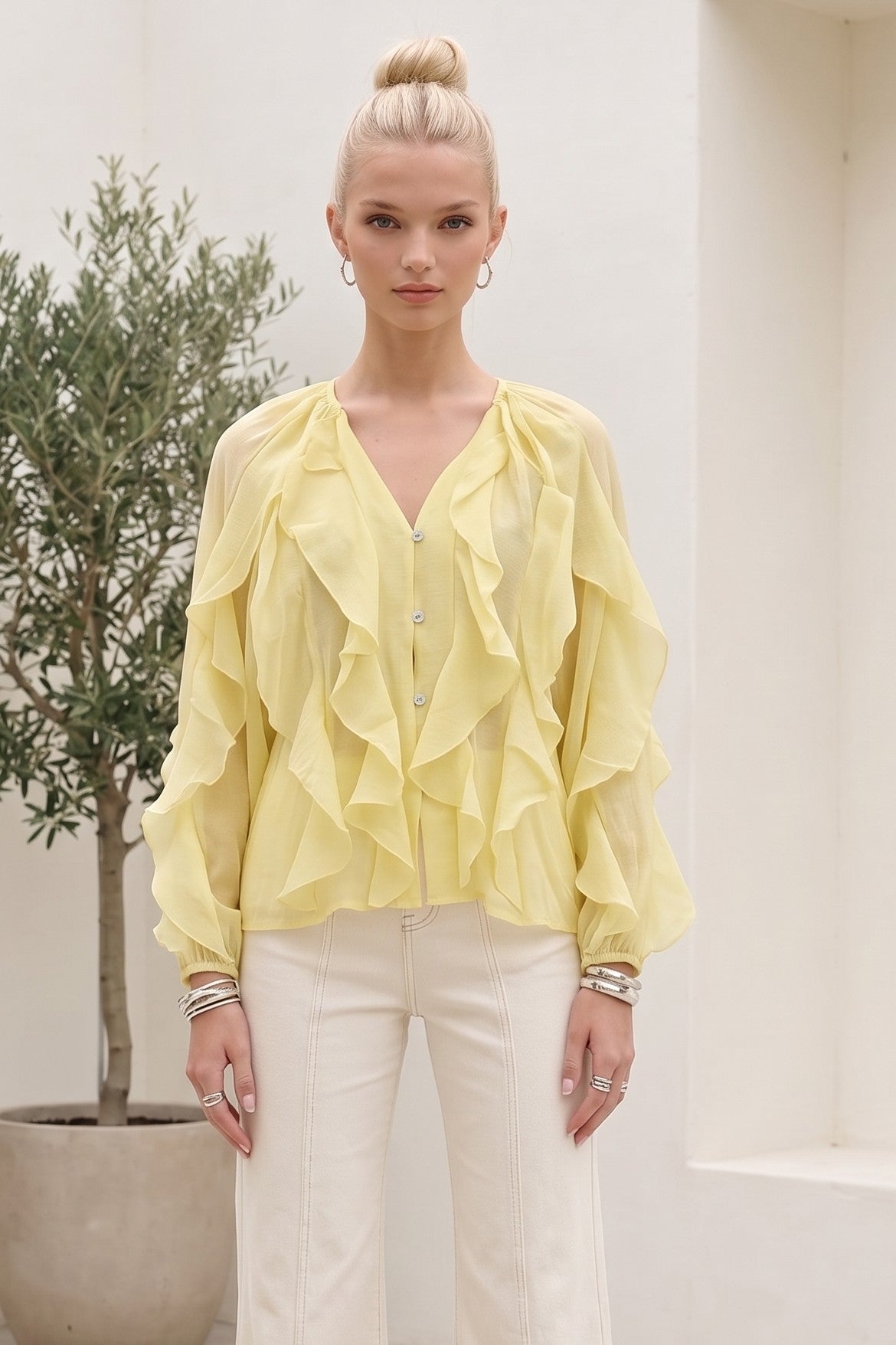 SHEER RUFFLED DETAIL BUTTON DOWN BLOUSE W1574TIA