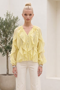 SHEER RUFFLED DETAIL BUTTON DOWN BLOUSE W1574TIA