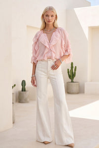 SHEER RUFFLED DETAIL BUTTON DOWN BLOUSE W1574TIA