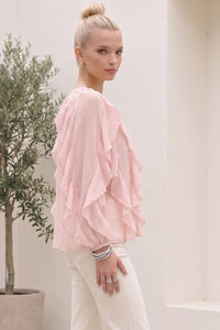 SHEER RUFFLED DETAIL BUTTON DOWN BLOUSE W1574TIA
