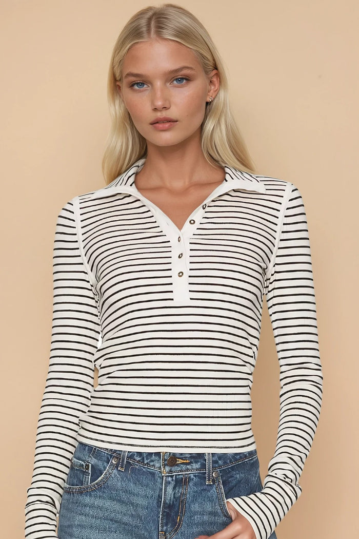 LONG SLEEVE STRIPED KNIT HENLEY TOP W1583TIA
