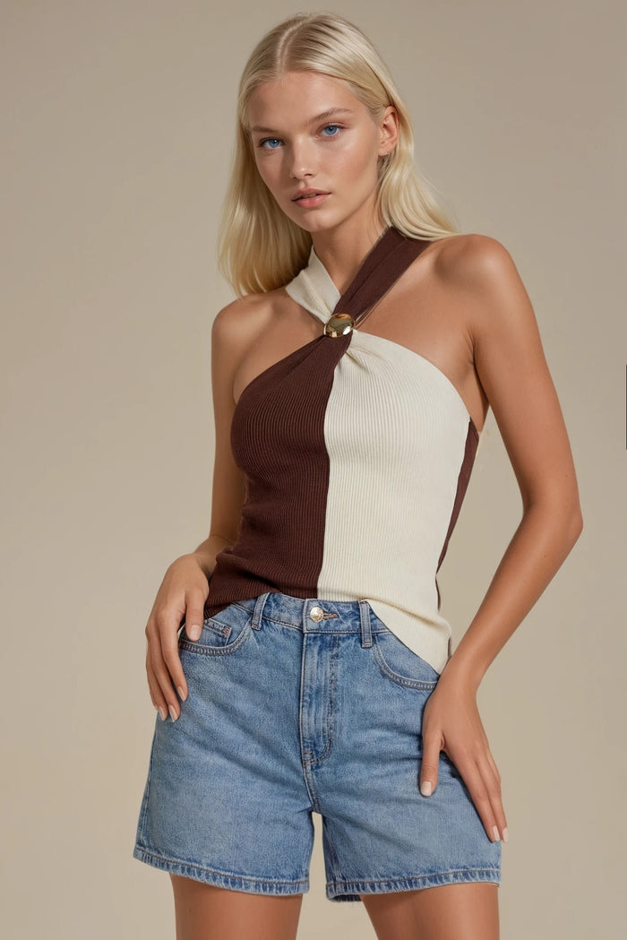 COLOR BLOCK GOLD DOME HARDWARE HALTER KNIT TOP W1601TIA