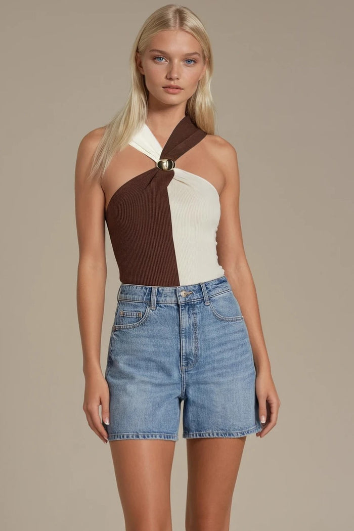 COLOR BLOCK GOLD DOME HARDWARE HALTER KNIT TOP W1601TIA
