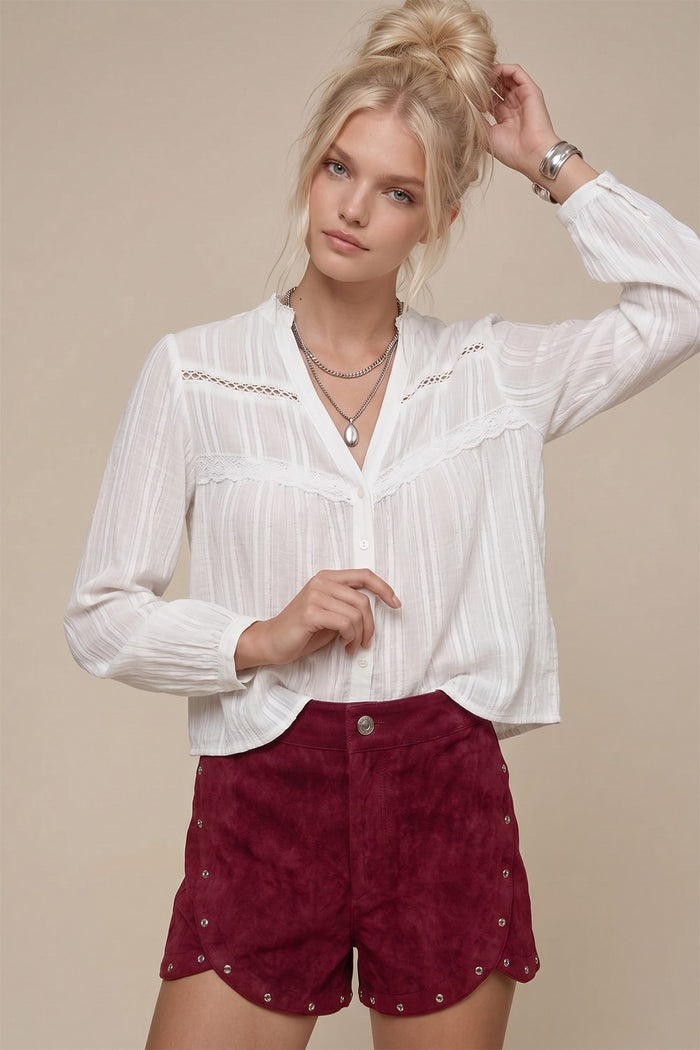 VNECK BUTTON DOWN LACE TRIM CROPPED BLOUSE W1616TIA