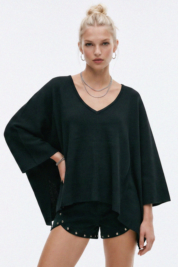 RIBBED KNIT VNECK SWEATER PONCHO TOP W1630TIA