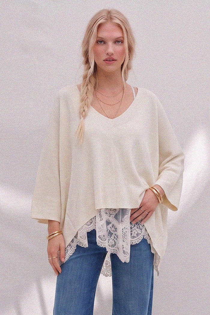 RIBBED KNIT VNECK SWEATER PONCHO TOP W1630TIA