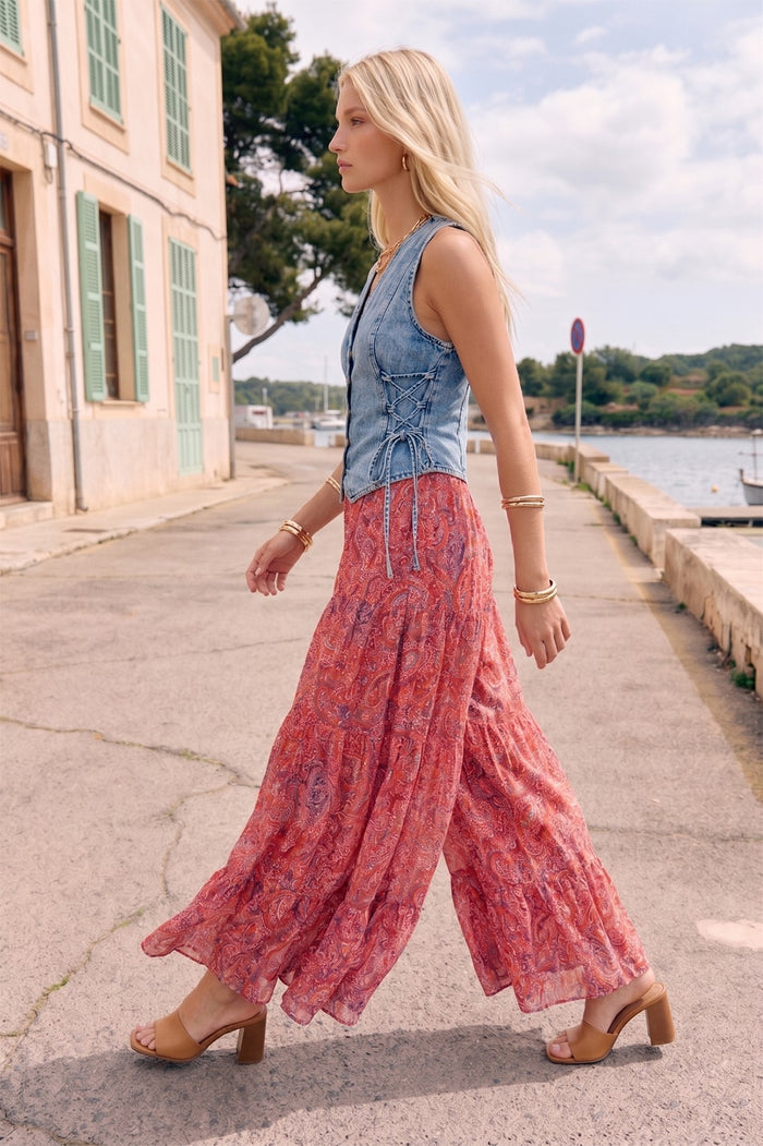 LUREX BOHO FLORAL PRINTED RUFFLED PALAZZO PANTS W2374PC