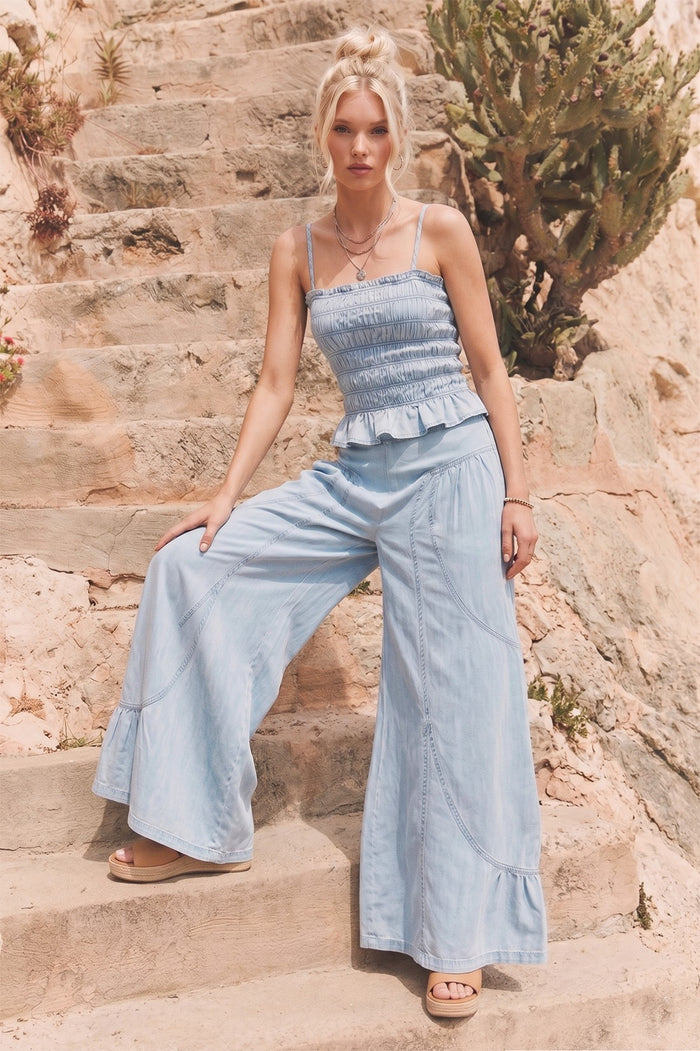 BOHO WIDE LEG DENIM TIERED PALAZZO PANTS W2433PIA