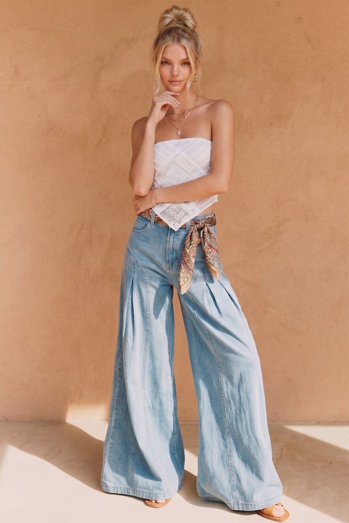 WIBOHO PLEATED WIDE-LEG DENIM PALAZZO PANTS W2436PIA