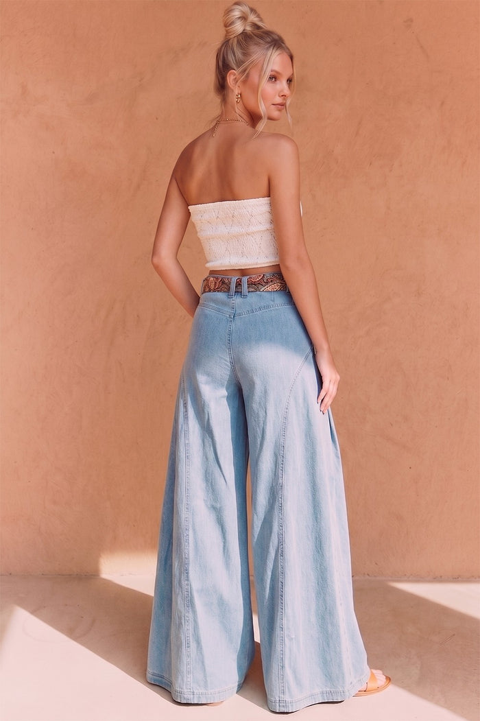 WIBOHO PLEATED WIDE-LEG DENIM PALAZZO PANTS W2436PIA