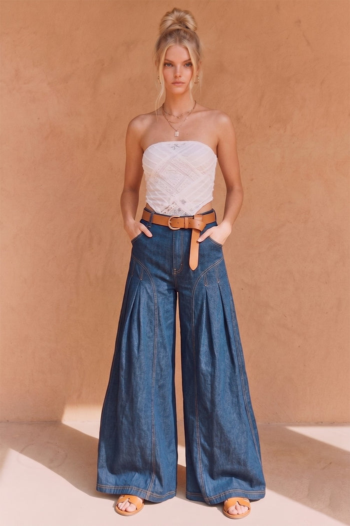 WIBOHO PLEATED WIDE-LEG DENIM PALAZZO PANTS W2436PIA