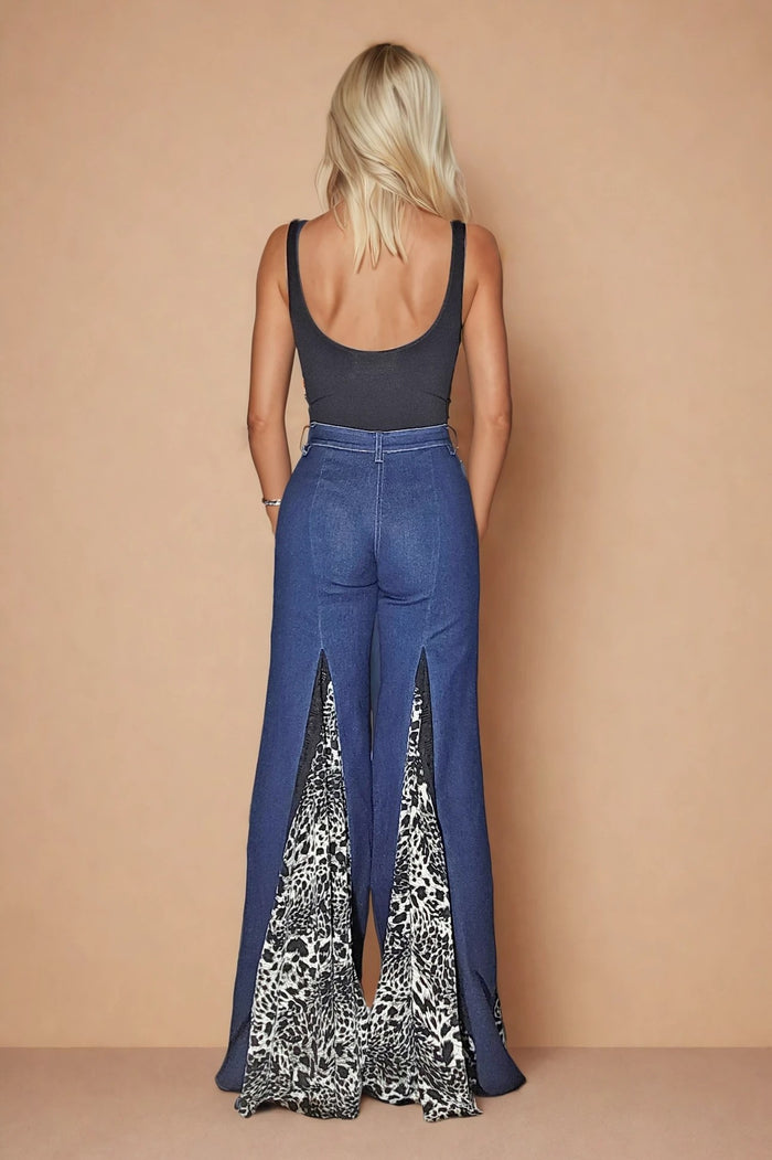 LEOPARD AND LACE WIDE LEG BOHO DENIM JEANS W2481PIF
