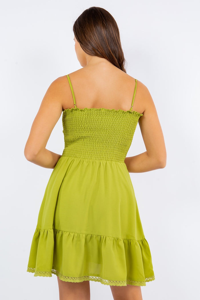 LACE TRIM SMOCKED MINI DRESS WITH WIDE SWEEP W3064DIA
