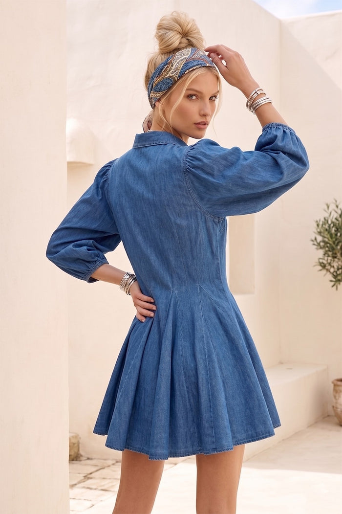 QUARTER SLEEVED DENIM DRESS WITH PLEAT PANELS ON THE SKIRT W3188DIA