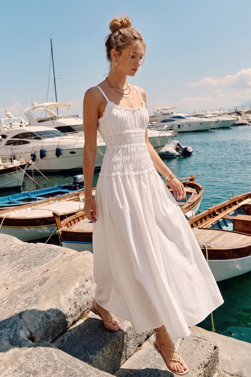WHITE SMOCKED MAXI COTTON DRESS W3190DIA