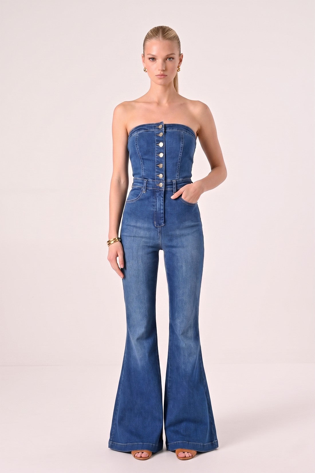 TUBE BUTTONED FLARED DENIM JUMPSUIT W4421RIA