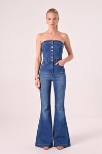 TUBE BUTTONED FLARED DENIM JUMPSUIT W4421RIA
