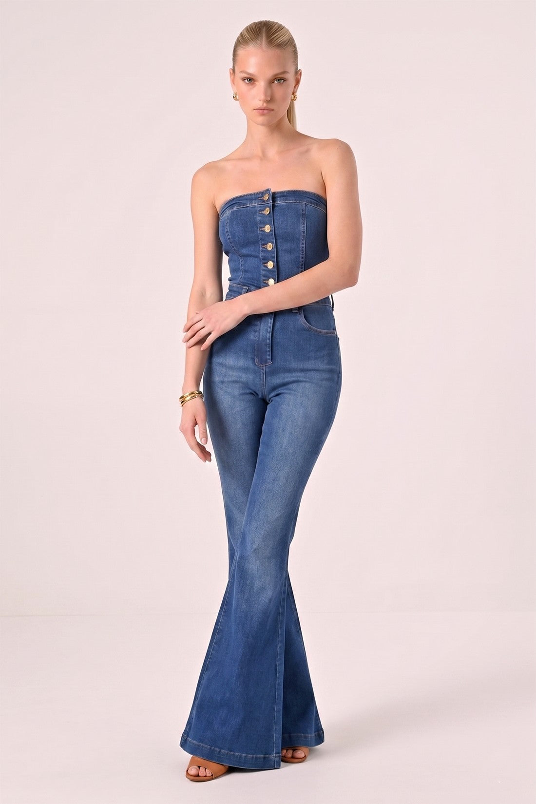 TUBE BUTTONED FLARED DENIM JUMPSUIT W4421RIA