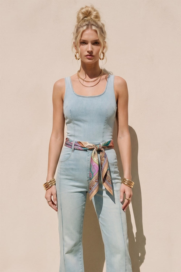 SLEEVELESS STRETCH WIDE LEG DENIM JUMPSUIT W4423RIA