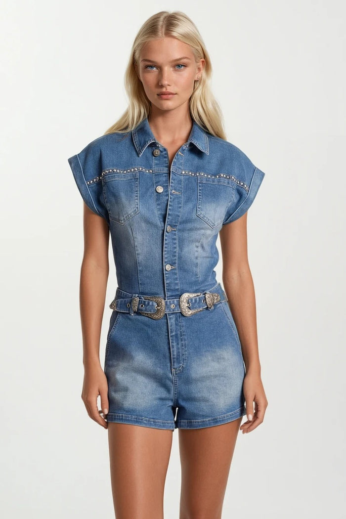 EMBROIDERED BELTED DENIM ROMPER W4503RIA