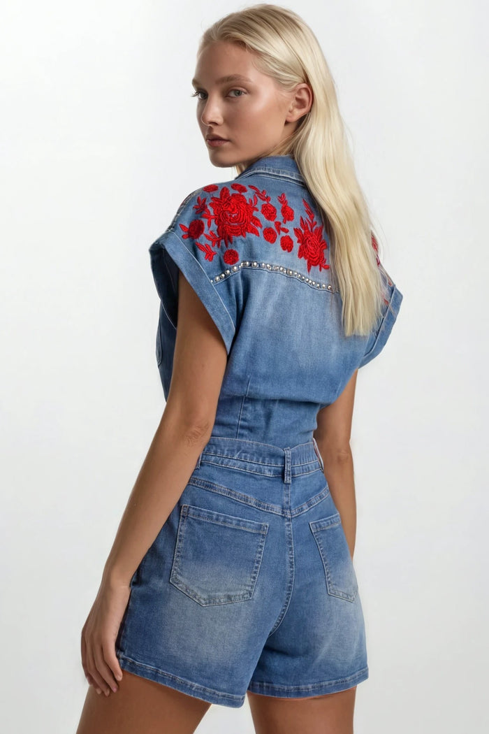EMBROIDERED BELTED DENIM ROMPER W4503RIA