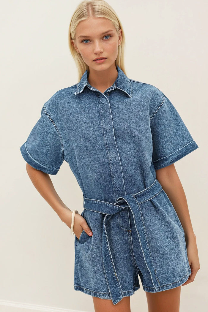 BELTED DENIM ROMPER WITH CUFFED SLEEVES W4511RIA