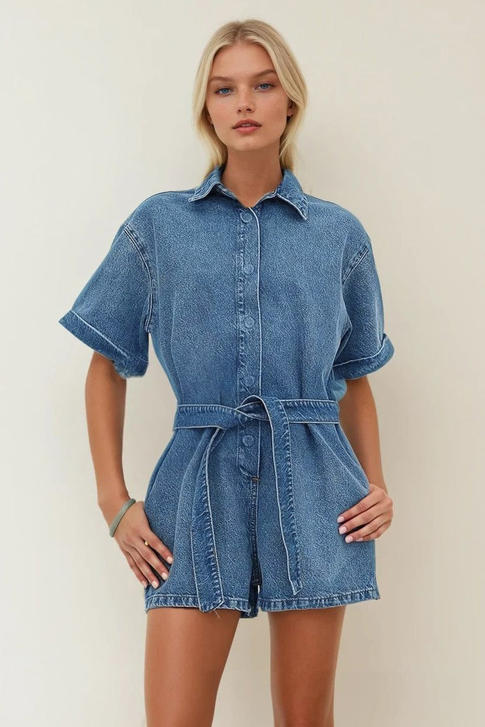BELTED DENIM ROMPER WITH CUFFED SLEEVES W4511RIA
