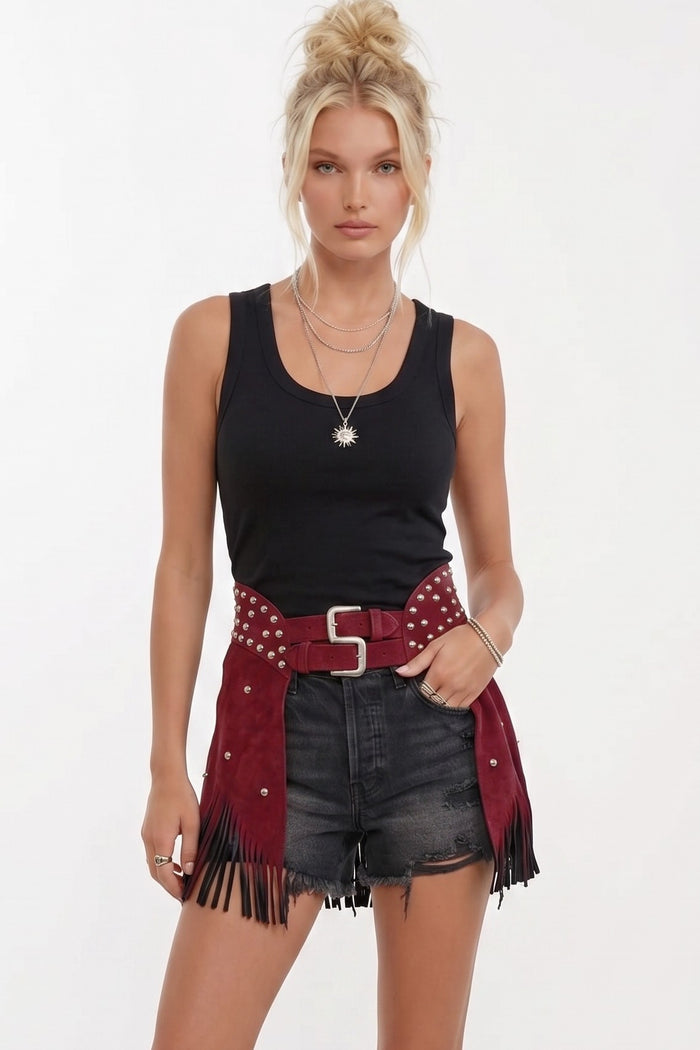 STUDDED THICK FAUX SUEDE FRINGED CHAP SKIRT W5307SIA