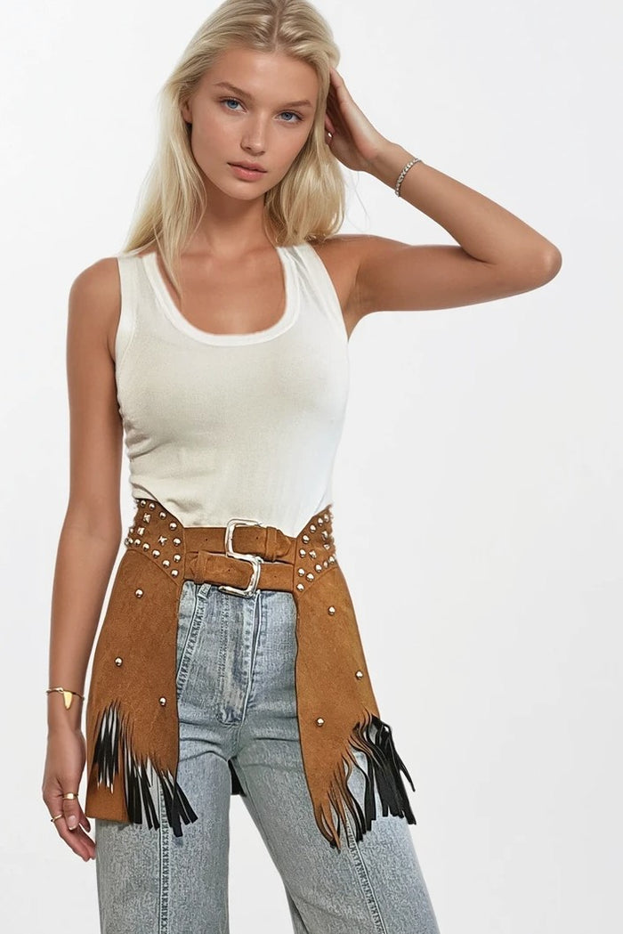 STUDDED THICK FAUX SUEDE FRINGED CHAP SKIRT W5307SIA