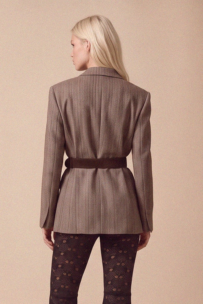 BELTED HERRINGBONE PRINT STRUCTURED BLAZER W6226JIA
