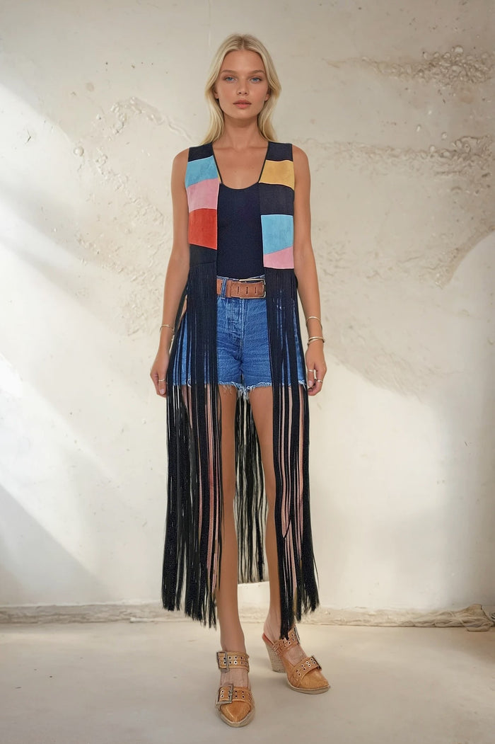 MAXI COLORBLOCK SUNRISE FAUX SUEDE VEST W6312JIB
