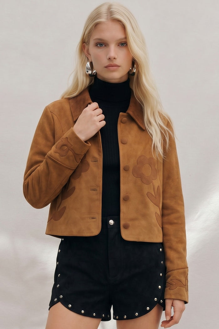 FLOWER APLIQUE SUEDE CROPPED JACKET W6466JIA