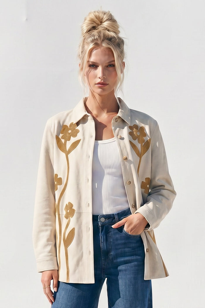 FLOWER APLIQUE SUEDE OVERSIZED SHIRT W6467JIA