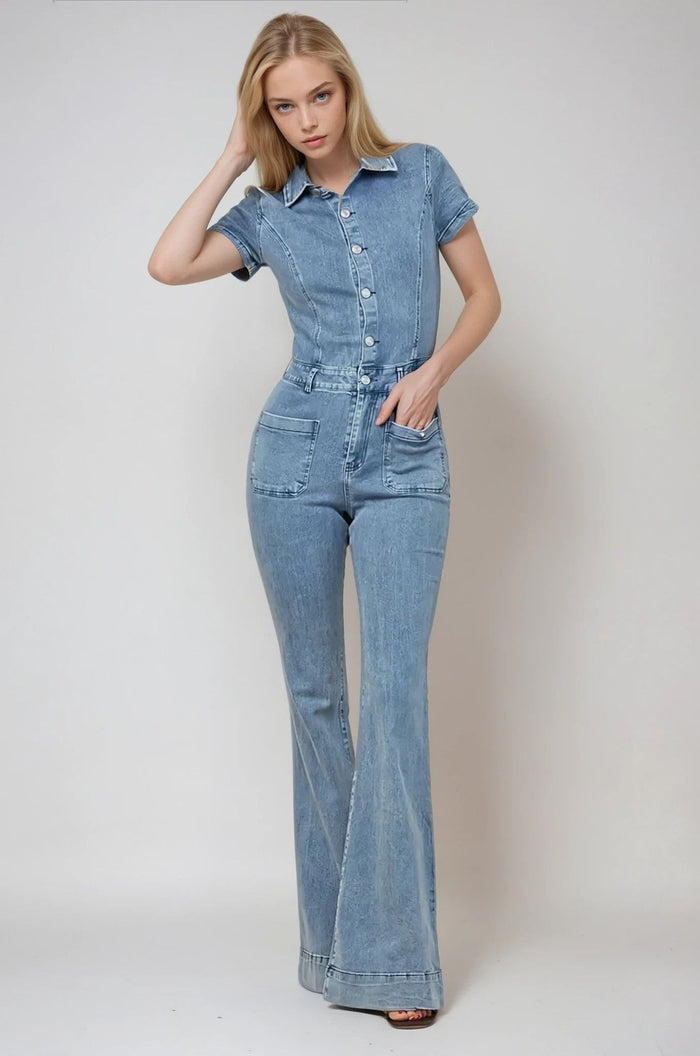 DENIM FLARED JUMPSUIT-W4330RIA