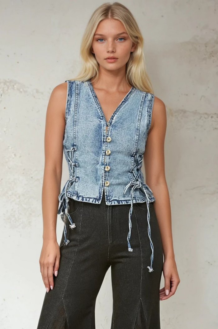 DENIM VEST WITH LACE UP SIDES W6402JIA DENIM
